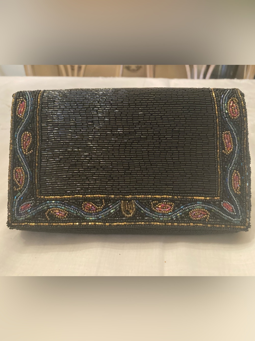 Vintage Walborg.Black glass beaded clutch envelope evening bag made in Macau